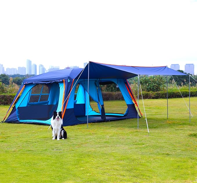 KTT Extra Large Tent 12 Person,Family Cabin Tents,Awning,2 Rooms,4 Doors and 4 Windows with Mesh,Straight Wall,Waterproof,Double Layer,Big Tent for Outdoor,Picnic,Camping,Family Gathering