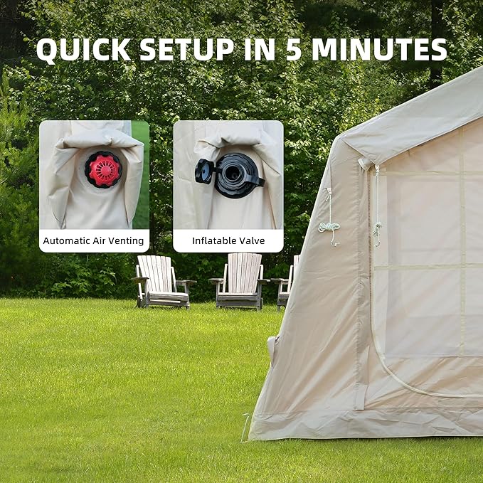 KEIKI Oxford Hot Tent for Camping, 2/3/4/6/8 Person Large Inflatable Tents w/Detachable Canopy, 4 Season Waterproof Tent for Hike Backpacking, Stove Jack AC Port, Mesh Doors Windows, Pump, Easy Setup