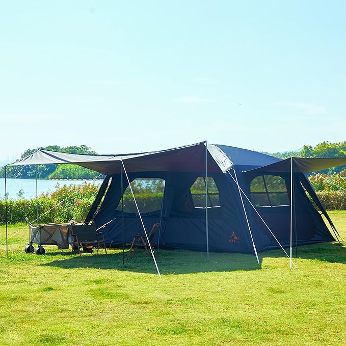 KTT Extra Large Tent 12 Person,Family Cabin Tents,Awning,2 Rooms,4 Doors and 4 Windows with Mesh,Straight Wall,Waterproof,Double Layer,Big Tent for Outdoor,Picnic,Camping,Family Gathering