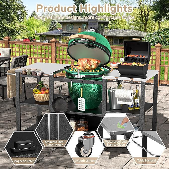 MUPATER 65" L × 24" D × 33" H Outdoor Grill Table, Movable Stainless Steel Grill Cart for Large Big Green Egg, Multi-Purpose Versatility Kitchen Cooking Prep Table BBQ Cart for Party, Camping
