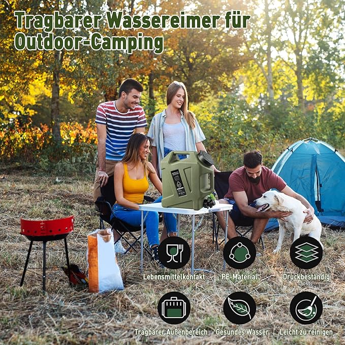 3.2 Gallon Water Jug,12L Portable Water Container with Spigot, Cleaning Brush, Detachable Hose & Extra Lid, Dual Handles Design, BPA-Free Camping Hydration Canteen, Outdoor Tank Storage PE - Green