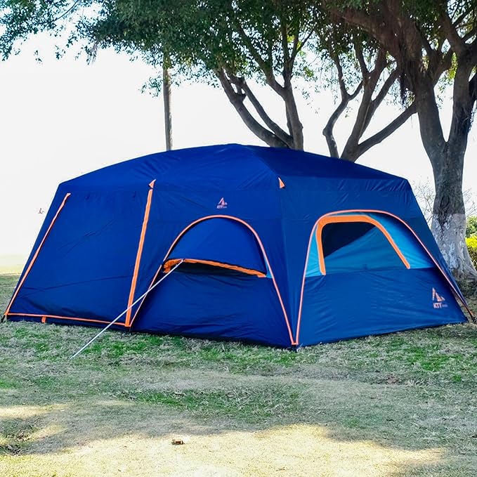 KTT Extra Large Tent 10-12-14 Person(B),Family Cabin Tents,2 Rooms,3 Doors and 3 Windows with Mesh,Straight Wall,Waterproof,Double Layer,Big Tent for Outdoor,Picnic,Camping,Family Gathering