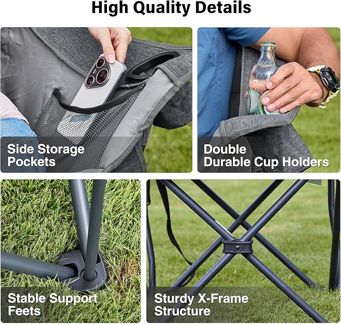 Oversized Camping Chair, Portable Folding Padded Camp Chairs with Side Pocket, Cup Holder, Heavy Duty Support 500LBS Outdoor Lounge Chair for Adults, Fishing, Sports, Trip, Grey