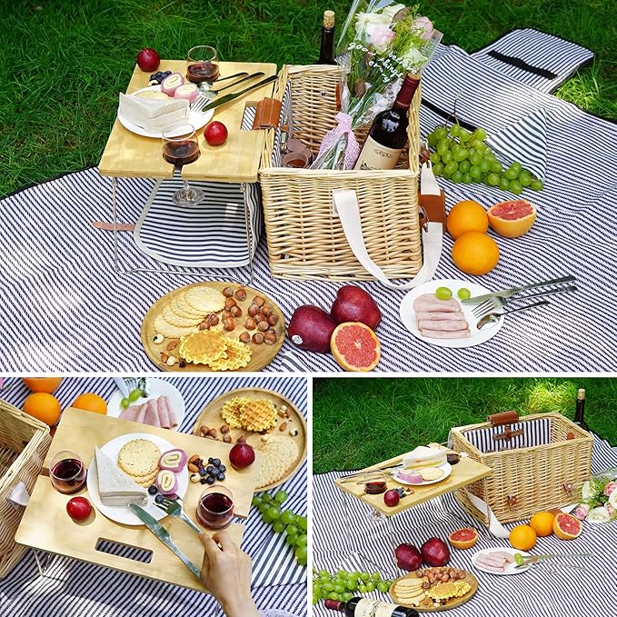 Wicker Picnic Basket for 2 with Detachable Table, Elasticated Wine Holder, Shoulder Carrying Willow Picnic Hamper Set with Premium Tableware & Blanket for Outdoor, Wedding, Anniversary, Birthday Gift