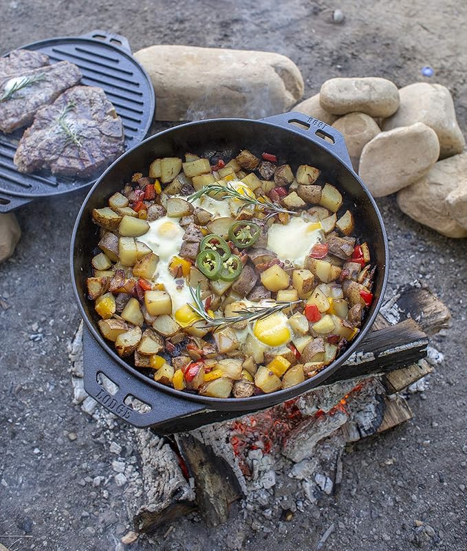 Lodge Cast Iron Cook-It-All Kit. Five-Piece Cast Iron Set includes a Reversible Grill/Griddle 14 Inch, 6.8 Quart Bottom/Wok, Two Heavy Duty Handles, and a Tips & Tricks Booklet.