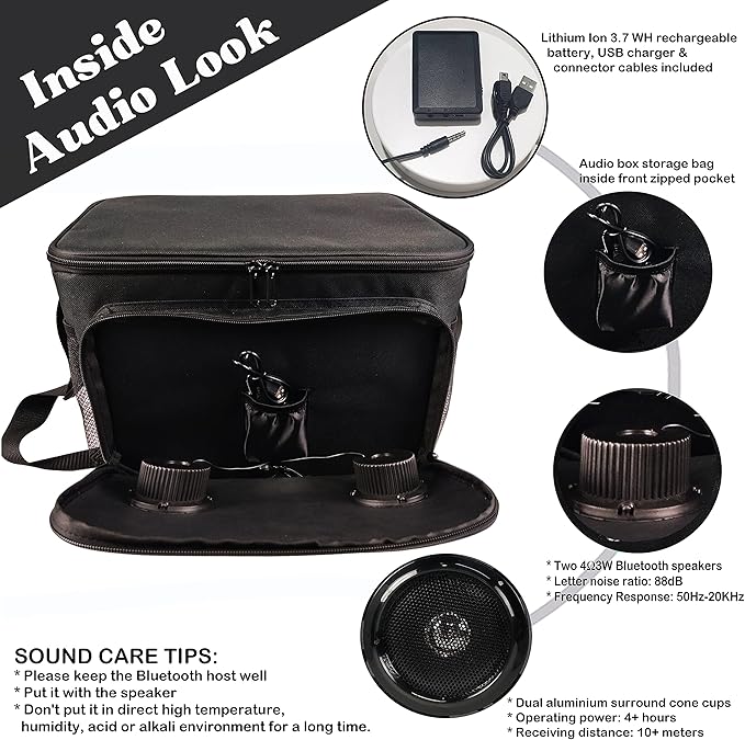 Insulated Cooler Bag Bluetooth Speakers 24 cans 2 gallons Food Drinks | Rechargeable Battery Supports iOS & Android | Leakproof Foldable Travel Camping Hiking