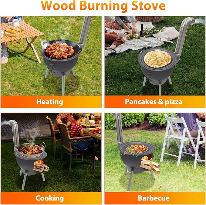 Wood Burning Stove Portable Camping Rocket Stove for Outdoor Cooking Removable Iron Firewood Stove with Grill Rack Charcoal Grill Tent Stoves for Backpacking Hiking (21 in-4 Wok Rings)