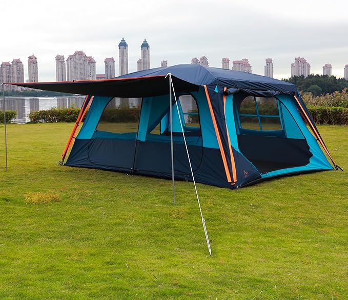 KTT Extra Large Tent 12 Person,Family Cabin Tents,Awning,2 Rooms,4 Doors and 4 Windows with Mesh,Straight Wall,Waterproof,Double Layer,Big Tent for Outdoor,Picnic,Camping,Family Gathering