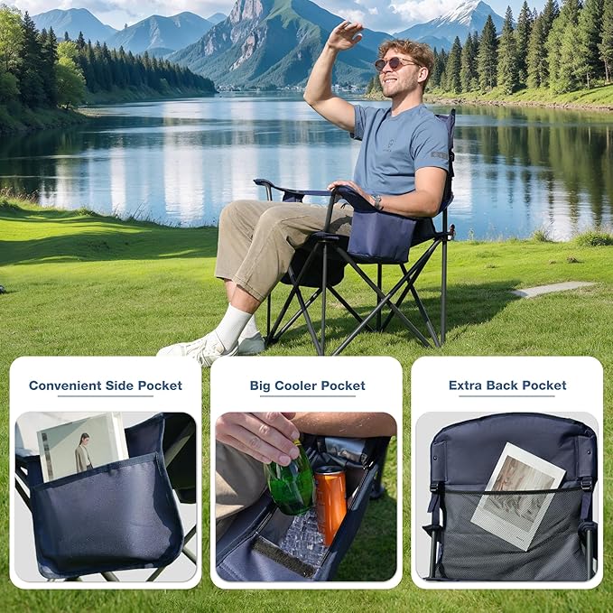 2 Pack Oversized Folding Camping Chair, Heavy Duty Support 500LBS Outdoor Chair with Cup Holder Storage and Cooler Pouch, Collapsible Padded Arm Chair for Sports Garden Beach Fishing, Blue