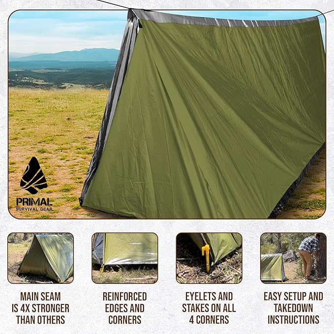 Orange Polyester Survival Tent with Doors - Compact, Durable, All-Season Shelter for Camping, Hiking, and Emergency Preparedness