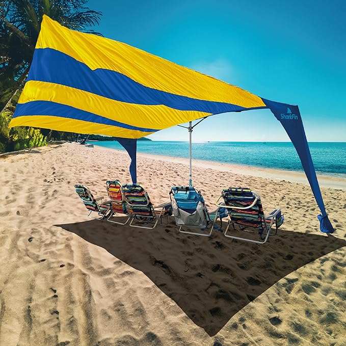 Shark FIN Shade Beach Tent Wind Sun Canopy Portable Easy Set Up UPF 50+ No Assembly Required 3-30 MPH - 1 to 8 People - Tie Downs Included - 2 Sizes Large 9' X 10' & Giant 13.5' X 10' PATENTS Pending