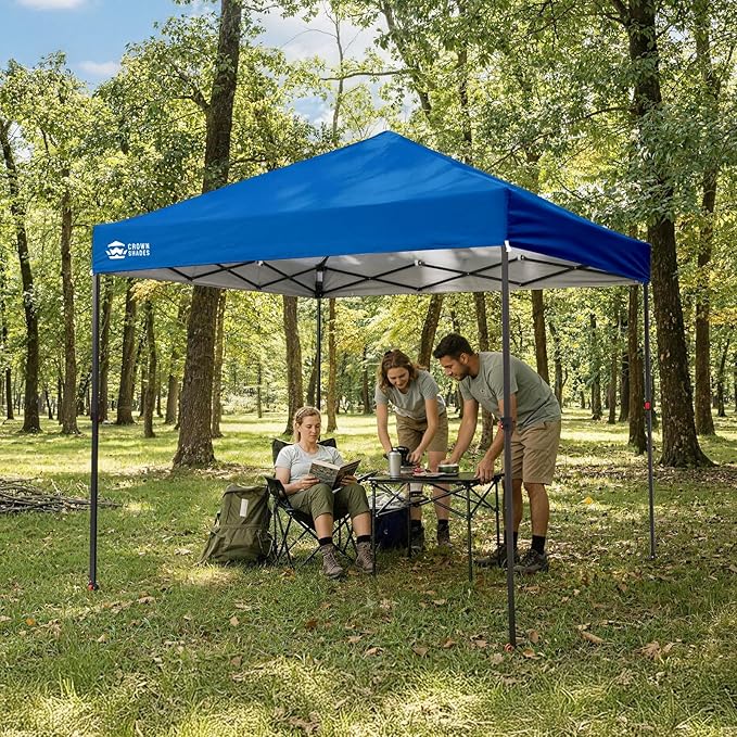 CROWN SHADES 8x8 Pop Up Canopy - Patented Center Lock One Push Instant Outdoor Canopy Beach Tent with STO-N-Go Bag 8 Stakes & 4 Sand Bags，Blue