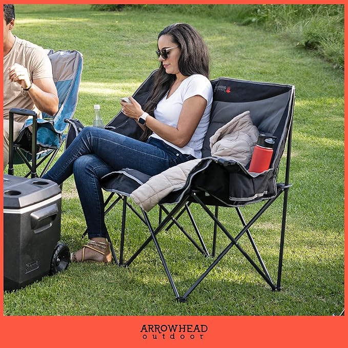 ARROWHEAD OUTDOOR 57" Wide Duo Foldable Heated Camping Loveseat Chair with 3-Stage Heating, Large Cup Holders, Glass Holders, Side Pockets, and Storage Pouches