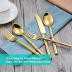 Flatware Set Gold Silverware Set with Bamboo Pattern Mirror Polished 20 Pieces Cutlery Set Housewarming Wedding Gift Service for 4