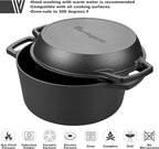 Pre-seasoned Cast Iron Double Dutch Oven Pot with Skillet Lid, Dual-handle, for Bread Baking, Outdoor, Campfire Cooking, include Sourdough Bread Baking Supplies like Banneton Bread Proofing Basket, 5 Quart