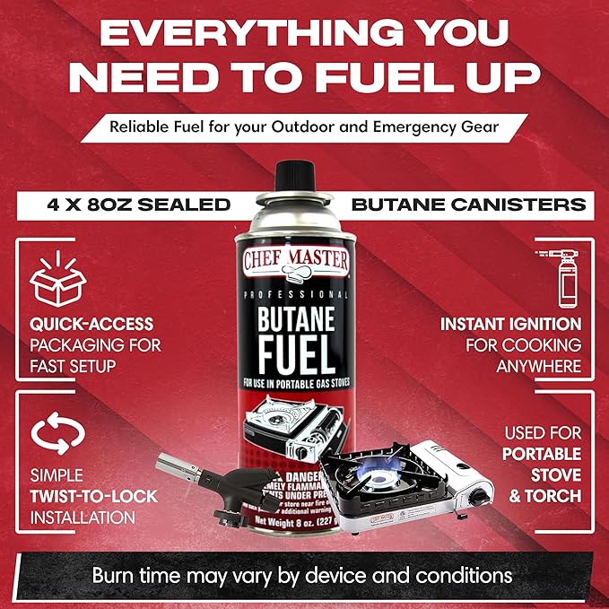 Chef Master 12x 8oz Butane Fuel Canister - Butane Canister for Kitchen Torch & Camp Stove - Gas for Picnics, Outdoor Cooking, Grilling - Camping Fuel Canister, Torch Fuel Camping Essentials - 90340