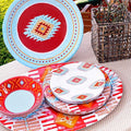 Paseo Road Southwest 14 Piece Melamine Plastic Dinnerware Set with Plates, Bowls and Serving Platter, Aztec Geometric Pattern, Western Southwestern Rustic Cabin Lodge Style