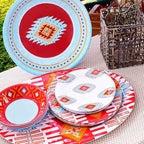 Paseo Road Southwest 14 Piece Melamine Plastic Dinnerware Set with Plates, Bowls and Serving Platter, Aztec Geometric Pattern, Western Southwestern Rustic Cabin Lodge Style