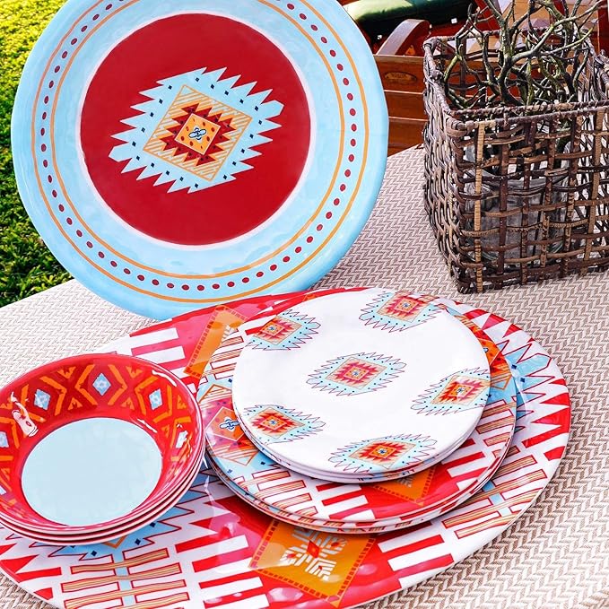 Paseo Road Southwest 14 Piece Melamine Plastic Dinnerware Set with Plates, Bowls and Serving Platter, Aztec Geometric Pattern, Western Southwestern Rustic Cabin Lodge Style