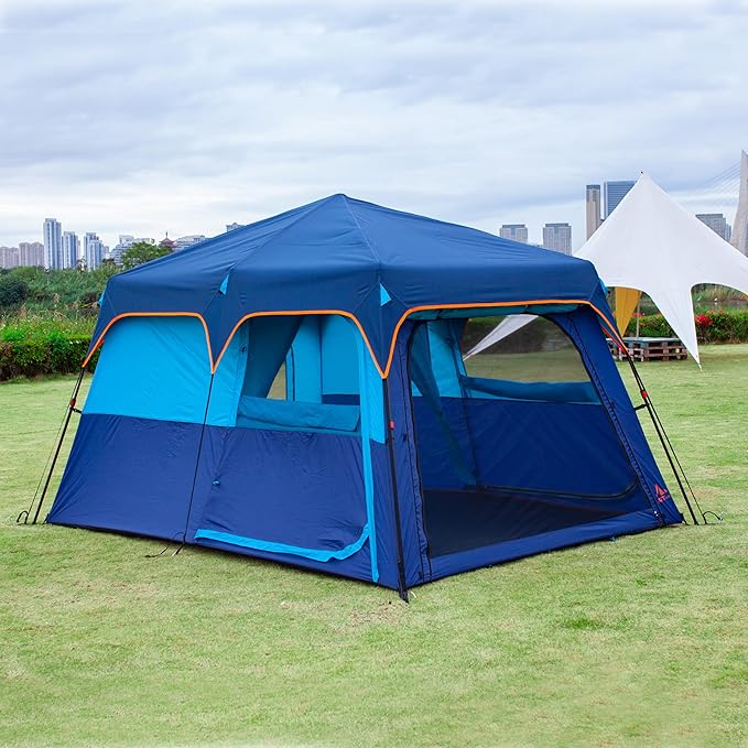 KTT Extra Large Tent 10-12-14 Person(A),Family Cabin Tents,2 Rooms,3 Doors and 3 Windows with Mesh,Straight Wall,Waterproof,Double Layer,Big Tent for Outdoor,Picnic,Camping,Family Gathering