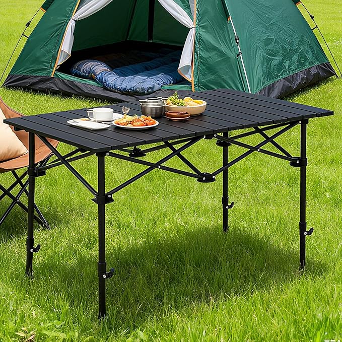 Camping Table Roll up Table,4-6 Person Portable Adjustable Height Roll up Aluminum Table with Carry Bag