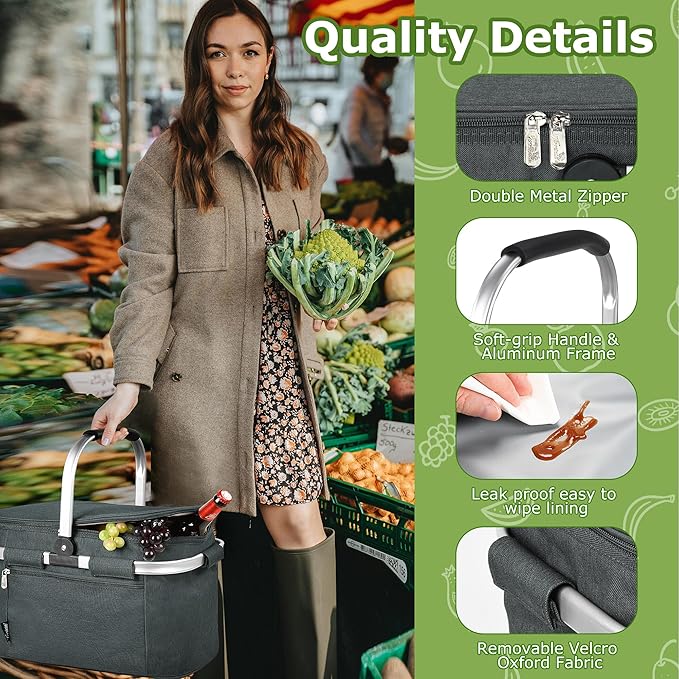 Tirrinia Large Insulated Picnic Basket, 34L Water-Resistant & Leakproof Collapsible Portable Cooler Basket with Aluminium Handle for Travel, Shopping, Camping, Foldable Grocery Bag, Grey
