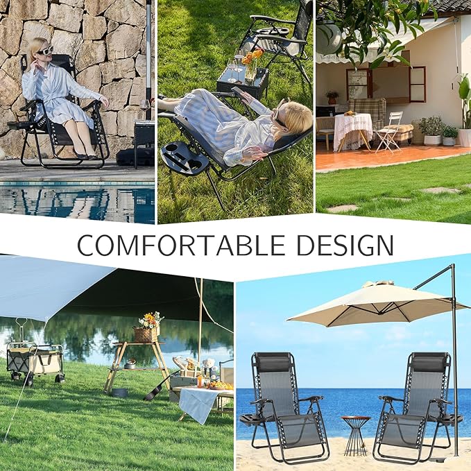 Sweetcrispy Zero Gravity Chairs, Set of 2 Portable Recliner Beach Camping Patio Outdoor Folding Lounge Chair with Cup Holder Trays and Adjustable Pillow for Poolside, Garden, Backyard, Lawn (Black)