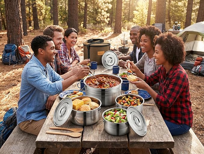Camping Cookware Set - Compact Stainless Steel Campfire Cooking Pots and Pans | Combo Kit with Travel Tote Bag | Rugged Outdoor Cook Set for Hiking | Barbecues | Beach
