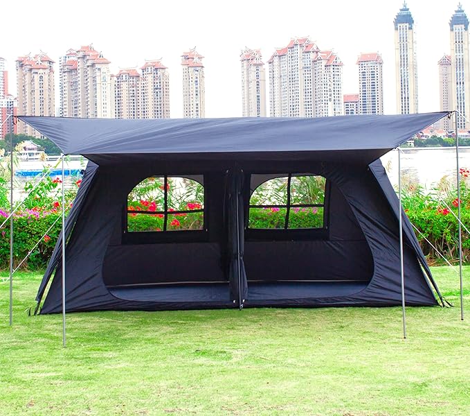 KTT Extra Large Tent 12 Person,Family Cabin Tents,Awning,2 Rooms,4 Doors and 4 Windows with Mesh,Straight Wall,Waterproof,Double Layer,Big Tent for Outdoor,Picnic,Camping,Family Gathering