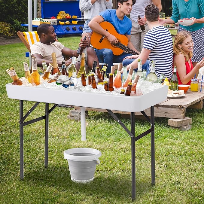 Giantex 4 FT Folding Ice Cooler Table with Drain & Bucket, Removable Skirt, No Assembly, Portable Fill and Chill Table for Food Drink Beverage, Foldable Party Ice Bin for Camping BBQ, White