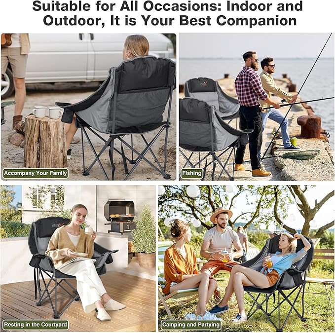2 Pack Oversized Camping Chair, Portable Folding Padded Camp Chairs with Side Pocket, Cup Holder, Heavy Duty Support 500LBS Outdoor Lounge Chair for Adults, Fishing, Sports, Trip, Black