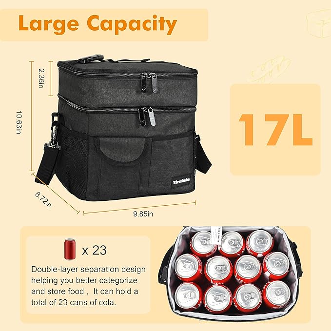 Tirrinia Large Insulated Lunch Box for Women Men, Double-Layer Leak-Proof Reusable Lunch Bag with 4 Pockets for Adult, Lunch Bag Cooler Tote for Office Work and Travel,Black