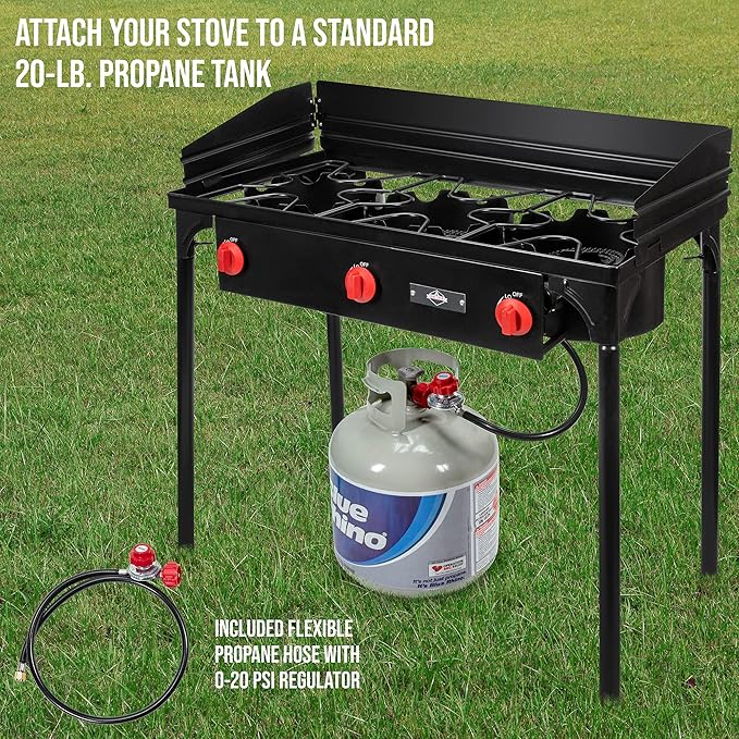 Hike Crew Cast Iron 3-Burner Outdoor Gas Stove | 225,000 BTU Portable Propane Cooktop w/Blue Flame Control, Removable Legs, Temperature Control Knobs, Wind Panel, Hose, Regulator & Storage Carry Case