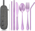 Portable Stainless Steel Flatware Set, Travel Camping Cutlery Set, Portable Utensil Travel Silverware Dinnerware Set with a Waterproof Case (Light Purple)