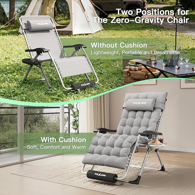 Amopatio Oversized Padded Zero Gravity Chair, XL 29In Reclining Camping Lounge Chair w/Removable Cushion&Headrest, Upgraded Lock and Footrest, Folding Patio Recliner for Indoor Outdoor, Grey