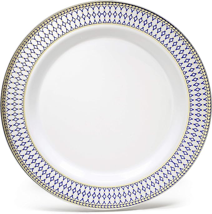 OCCASIONS 240 Piece Heavy Duty Disposable Plastic Plates Set for 120 Guests – Includes 10.5" Dinner & 7.5" Dessert Plates, Elegant Party Plates for Weddings, Events, Odyssey in Blue & Gold Rim.