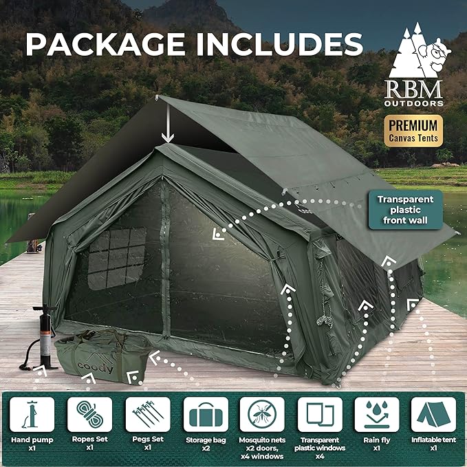 Coody Inflatable Canvas Camping Tents with Stove Jack – Premium Air Beam Family Glamping Tent, Breathable Cotton Canvas, Fast Setup Air Tent with Pump