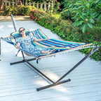 Lazy Daze Hammocks 2 Person Pad with Pillow, Double Polyester Quilted 78" x55" Replacement Hammock Pad for Rope Hammock, Blue Stripes