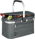 Tirrinia Large Insulated Picnic Basket, 34L Water-Resistant & Leakproof Collapsible Portable Cooler Basket with Aluminium Handle for Travel, Shopping, Camping, Foldable Grocery Bag, Grey