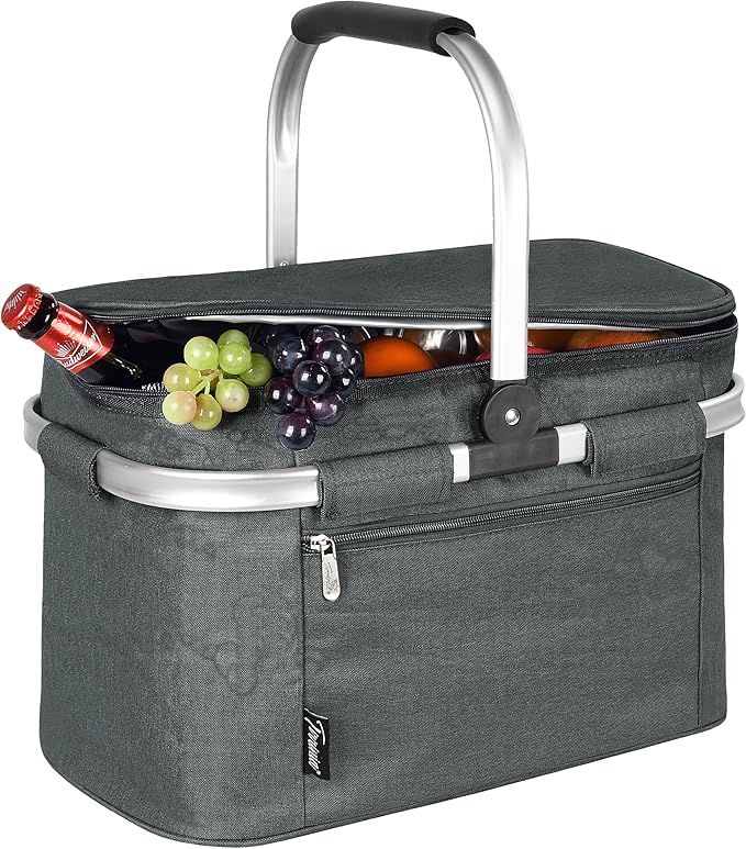 Tirrinia Large Insulated Picnic Basket, 34L Water-Resistant & Leakproof Collapsible Portable Cooler Basket with Aluminium Handle for Travel, Shopping, Camping, Foldable Grocery Bag, Grey
