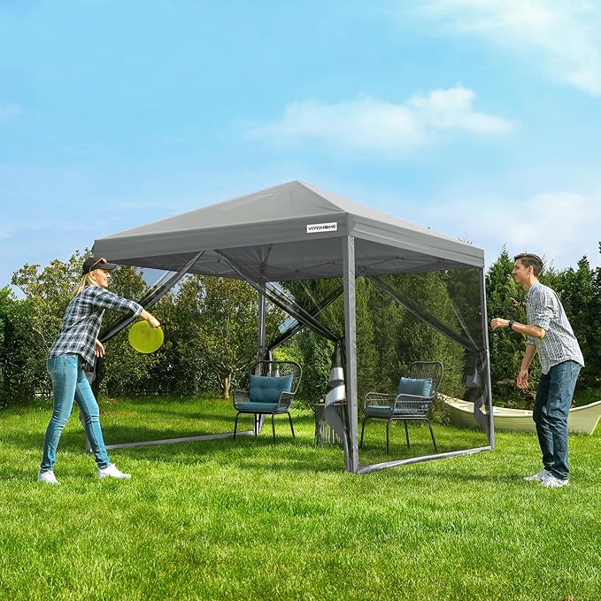 VIVOHOME 10x10ft Easy Pop-Up Canopy, Outdoor Screen Tent with Mosquito Netting, 2 Zipper Doors, and Roller Bag for Yard Camping Picnic Party Events, Grey