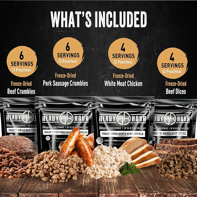 Ready Hour Freeze-Dried Meat Kit (20 Servings), Emergency Supply, Prepper Supply, Protein Source, Emergency Food, Prepper Survival Kit, Bulk Meat, Shelf-Stable, Long-Term Storage