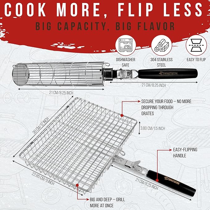 ROASTWURK's Bbq Grill Basket Set For Meat Fish Vegetables Stainless Steel 304 Barbecue Bbq Grilling Accessories Gifts For Men, Removable Wooden Handle Tool Shrimp Outdoor Cooking Camping Tailgating