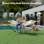 Double Hammock with Stand - Heavy Duty Portable 2 Person Design with Adjustable Steel Stand, Max 450LBS, Ideal for Outdoor Patio, Garden, Beach & Backyard