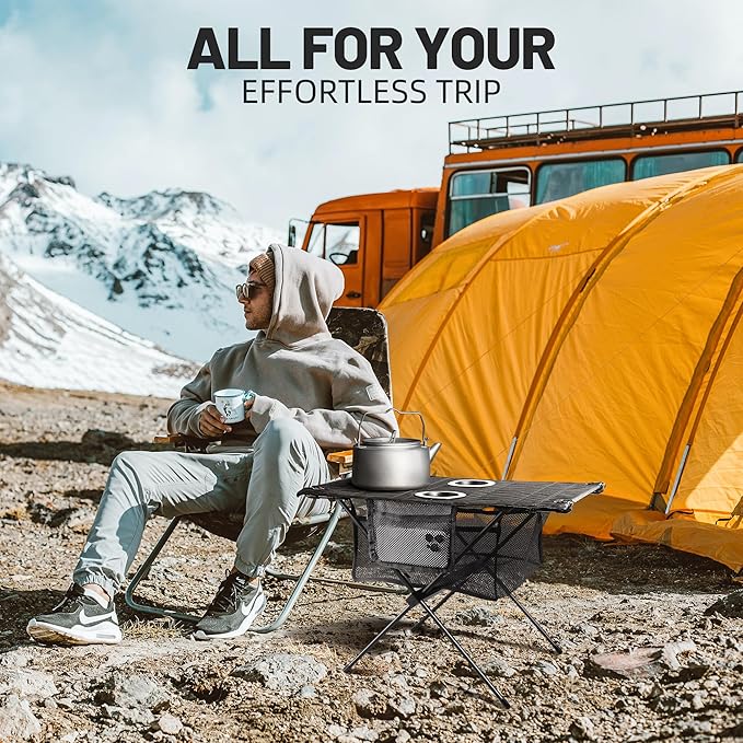 ZUNE LOTOO Portable Camping Table Folding, Small Beach Table Foldable with Drink Holder & Mesh Storage & Carry Bag Compact Camp Tent Side Table for Picnic Tailgate Travel Outdoor Fishing Backpacking