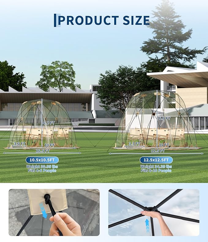 10x10 ft Pop Up Bubble Tent, 4-6 Person Camping Shelter, 540°Degree Fully Transparent, Weather-Resistant Bubble Dome, Portable Design for Outdoor Activities, Sports Events, Fishing