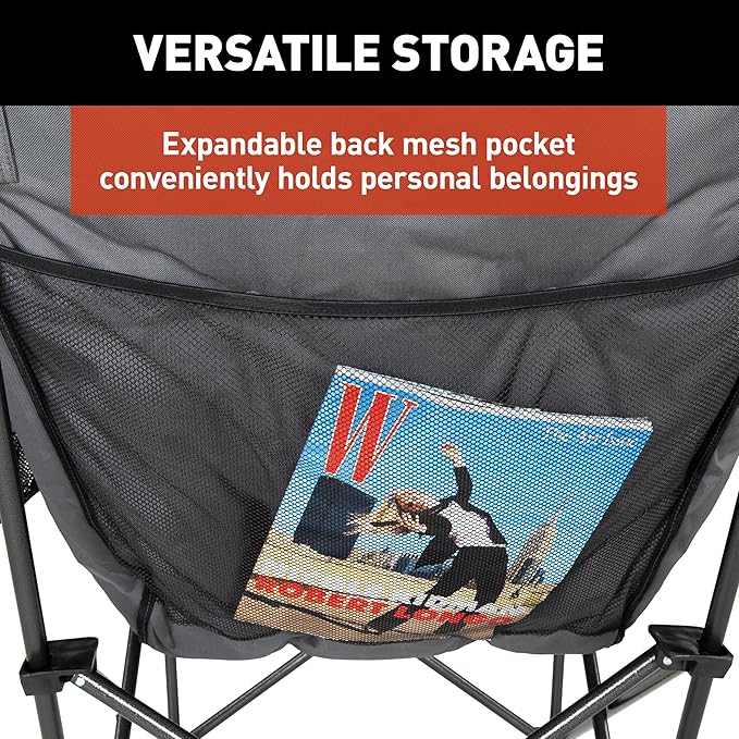Lippert Big Bear Dark Grey Heated Folding Camping Chair with Power Bank, Two Heat Zones, 400-lb. Weight Capacity, 600D Polyester Fabric, High-Loft Cushioning, Zippered Carrying Bag - 2024043334