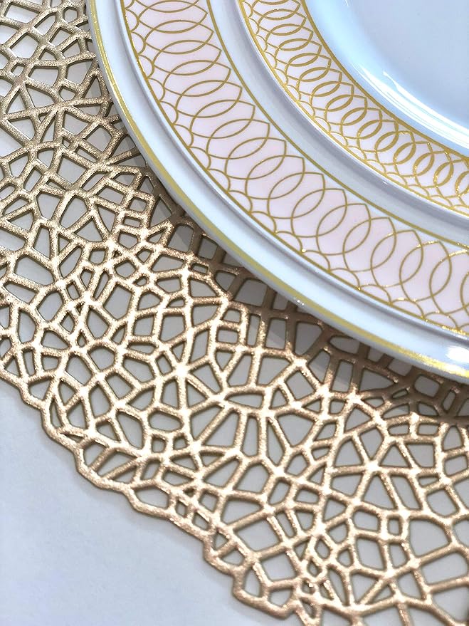 " OCCASIONS " 50 Plates Pack (25 Guests)-Wedding Party Disposable Plastic Plate Set -25 x 10'' Dinner + 25 x 7.5'' Salad/Dessert plates (Venice in White/Blush/Peach & Gold)