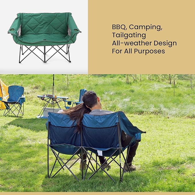 ARROWHEAD OUTDOOR Portable Folding Double Duo Camping Chair Loveseat w/ 2 Cup & Wine Glass Holder, Carrying Bag, Supports up to 500lbs