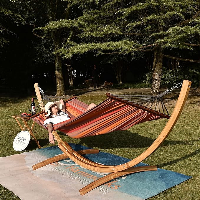 Lazy Daze Hammocks 10.5 FT Outdoor Arc Wood Hammock Stand, 2 Person Hard Pine Wood Hammock Stand with Carabiners and Chains for Patio Indoor Outdoor Garden Poolside, 300lb Capacity, Natural